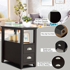 Narrow End Table and Bedside Table with 2 Drawers and Open Shelf, Espresso