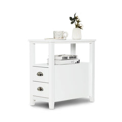 Narrow End Table and Bedside Table with 2 Drawers and Open Shelf, White