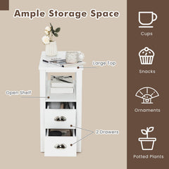 Narrow End Table and Bedside Table with 2 Drawers and Open Shelf, White