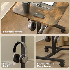 Height Adjustable Standing Desk, Pneumatic Sit Stand Desk with Wheels and Headphone Hook, Grey Wood Grain