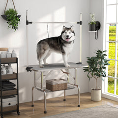 Adjustable Dog Grooming Table with 2 Safety Slings, Storage Basket, Black
