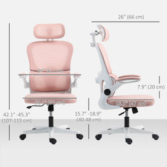 Mesh Office Chair, Ergonomic Desk Chair with Flip-up Armrest, Rotatable Headrest, Adjustable Lumbar Support, Pink