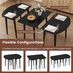 Extendable Dining Table Set with 2 Half-Round and 1 Rectangular Tables-Black