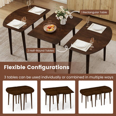 Extendable Dining Table Set with 2 Half-Round and 1 Rectangular Tables-Walnut