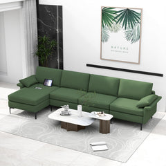 130.5 in L Shaped Sectional in Army Green, Reversible Chaise, Back Power Strip and Hidden Storage