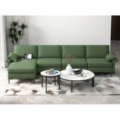 130.5 in L Shaped Sectional in Army Green, Reversible Chaise, Back Power Strip and Hidden Storage