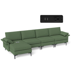 130.5 in L Shaped Sectional in Army Green, Reversible Chaise, Back Power Strip and Hidden Storage