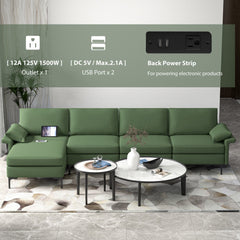 130.5 in L Shaped Sectional in Army Green, Reversible Chaise, Back Power Strip and Hidden Storage