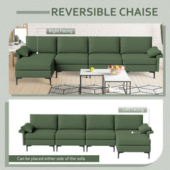 130.5 in L Shaped Sectional in Army Green, Reversible Chaise, Back Power Strip and Hidden Storage