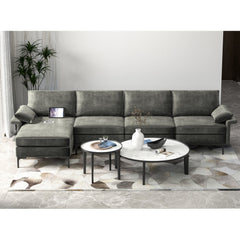 130.5 in L Shaped Sectional in Grey Linen, Reversible Chaise, 2640 lb Capacity and Back Power Strip