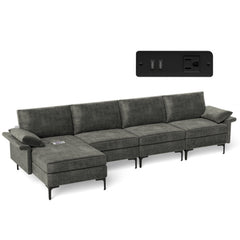130.5 in L Shaped Sectional in Grey Linen, Reversible Chaise, 2640 lb Capacity and Back Power Strip