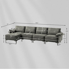 130.5 in L Shaped Sectional in Grey Linen, Reversible Chaise, 2640 lb Capacity and Back Power Strip