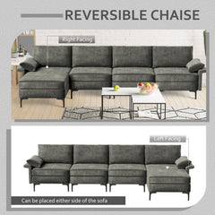 130.5 in L Shaped Sectional in Grey Linen, Reversible Chaise, 2640 lb Capacity and Back Power Strip