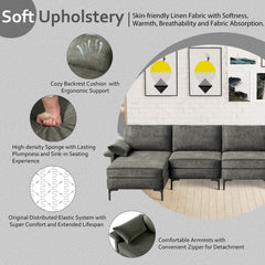 130.5 in L Shaped Sectional in Grey Linen, Reversible Chaise, 2640 lb Capacity and Back Power Strip