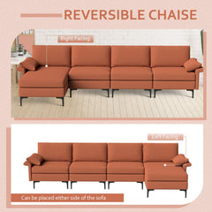 130.5 in L Shaped Sectional in Rust Red Lint Fabric, Reversible Chaise, Outlet and 2 USB Ports