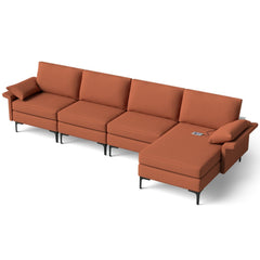130.5 in L Shaped Sectional in Rust Red Lint Fabric, Reversible Chaise, Outlet and 2 USB Ports