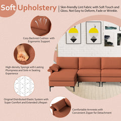 130.5 in L Shaped Sectional in Rust Red Lint Fabric, Reversible Chaise, Outlet and 2 USB Ports