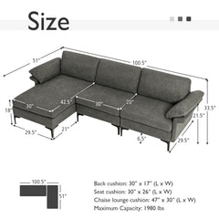 100.5 in Modular L Shaped Sectional in Charcoal Linen with Charging Socket and Hidden Storage