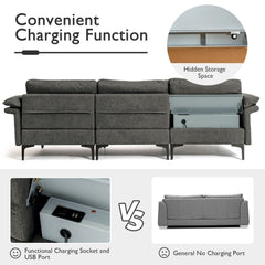 100.5 in Modular L Shaped Sectional in Charcoal Linen with Charging Socket and Hidden Storage