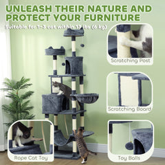 81" Large Cat Tree w/ Scratching Posts, Condos, Beds, Hammocks, Jumping Platforms, Toy Balls, Rope Cat Toy, Beige
