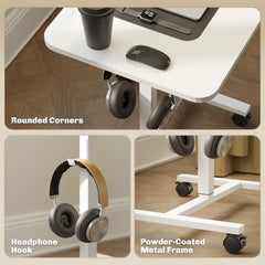Height Adjustable Standing Desk, Pneumatic Sit Stand Desk with Wheels and Headphone Hook, Grey Wood Grain
