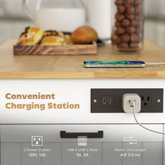 Kitchen Island Cart, Portable Kitchen Island Table with Charging Station, Rubber Wood Drop Leaf, Trash Storage, Black