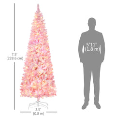 6 Foot Prelit Snow Flocked Artificial Christmas Tree with Pencil Shape, 500 Pine Realistic Branches, Warm White LED lights, Auto Open, Pink and White