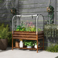 Raised Garden Bed with Cover, Metal Elevated Planter Box with Bottom Shelf and Liner, Black