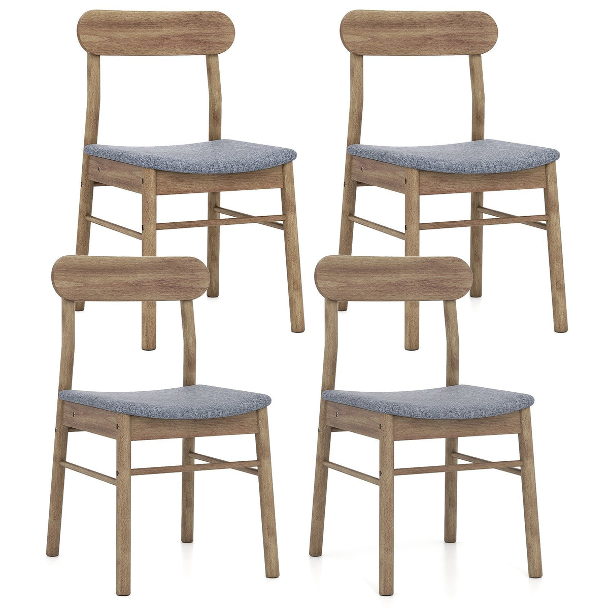 Set of 4 Mid Century Dining Chairs, Weathered Oak Rubber Wood with Blue Grey Fabric Seats