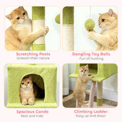 48" Flower Cat Tree with Scratching Post, Cozy Bed, Condo, Climbing Ladder, Perch, Dangling Ball, Green