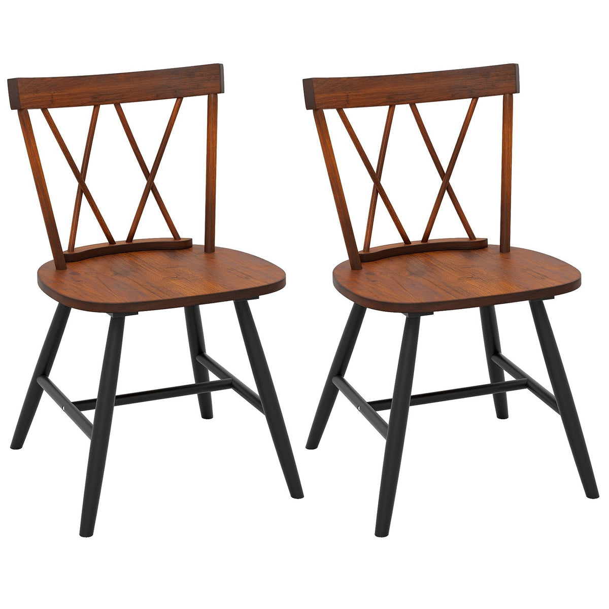 Set of 2 Farmhouse Double Cross Back Dining Chairs, Dark Brown Rubber Wood Seat and Back with Black Legs