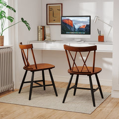 Set of 2 Farmhouse Double Cross Back Dining Chairs, Dark Brown Rubber Wood Seat and Back with Black Legs