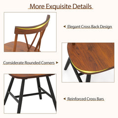 Set of 2 Farmhouse Double Cross Back Dining Chairs, Dark Brown Rubber Wood Seat and Back with Black Legs