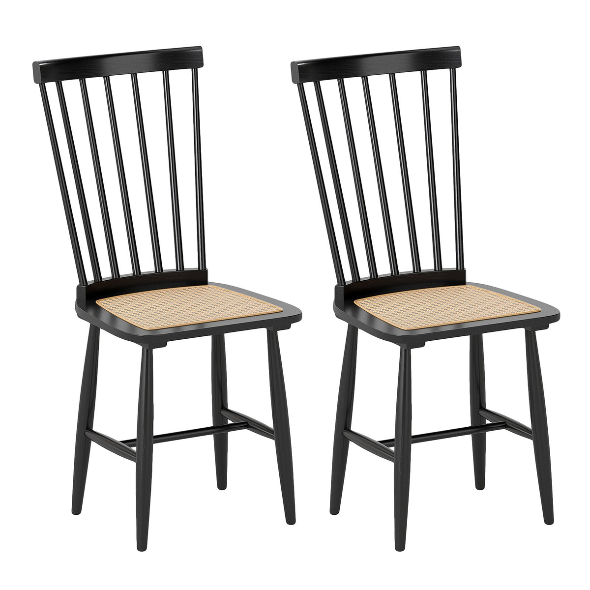 Set of 2 Black Windsor Dining Chairs with Woven PE Rattan Seats, Solid Rubber Wood, 420 lb
