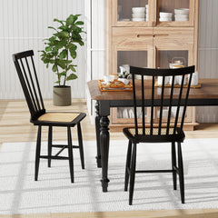 Set of 2 Black Windsor Dining Chairs with Woven PE Rattan Seats, Solid Rubber Wood, 420 lb