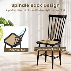 Set of 2 Black Windsor Dining Chairs with Woven PE Rattan Seats, Solid Rubber Wood, 420 lb