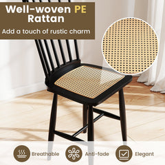 Set of 2 Black Windsor Dining Chairs with Woven PE Rattan Seats, Solid Rubber Wood, 420 lb