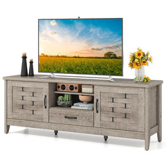 Farmhouse TV Stand for 65 Inch TVs with 2 Woven Accent Doors and 3 Adjustable Shelves-Oak