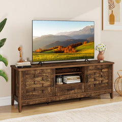 Farmhouse TV Stand for 65 Inch TVs with 2 Woven Accent Doors and 3 Adjustable Shelves-Rustic Brown