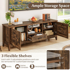 Farmhouse TV Stand for 65 Inch TVs with 2 Woven Accent Doors and 3 Adjustable Shelves-Rustic Brown