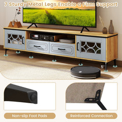 Farmhouse TV Stand for TVs up to 80 Inch with 2 Drawers-Oak and Gray
