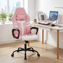 Faux Leather Upholstered Office Chair with Removable Head Pillow and Rocking Function-Pink