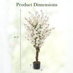 Faux Plum Blossom Plant with White Fabric Flower and Solid Wood Trunk-White