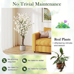 Faux Plum Blossom Plant with White Fabric Flower and Solid Wood Trunk-White