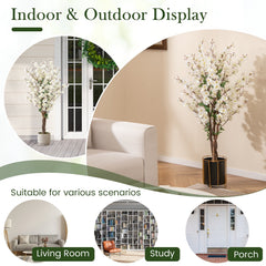 Faux Plum Blossom Plant with White Fabric Flower and Solid Wood Trunk-White