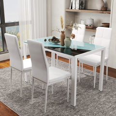 5-Piece Rectangular Glass Kitchen Table and Chairs with Metal Frame and Faux Leather Upholstery for Dining Room, Black
