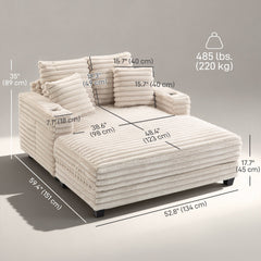 60" Chaise Lounge Chair, Oversized Upholstered Sofa Bed with Cup Holders & Pillows, Sleeper Couch for Living Room, Beige