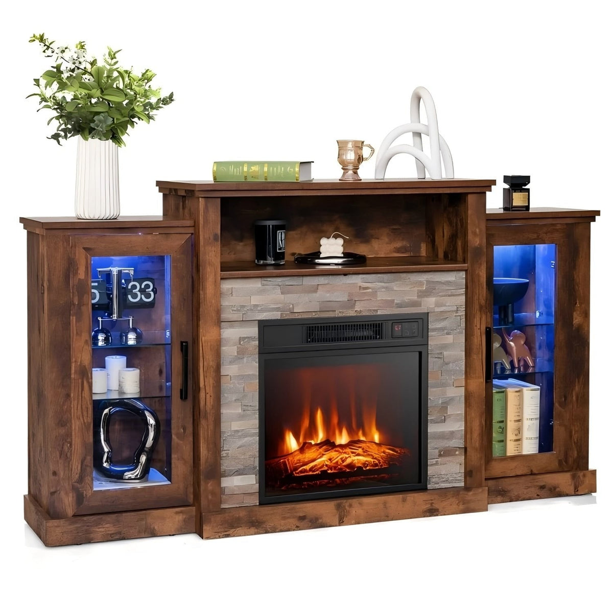 Fireplace TV Stand with 16-Color Led Lights for TVs up to 65 Inch-Brown