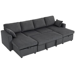 Convertible Sofa Bed, Corduroy U-Shaped Sleeper Sofa Couch with Storage Chaise, Pillows, Spring, Futon Couch, Grey