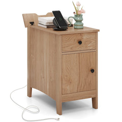 Flip Top End Table with Charging Station, USB Ports and Drawer, Natural
